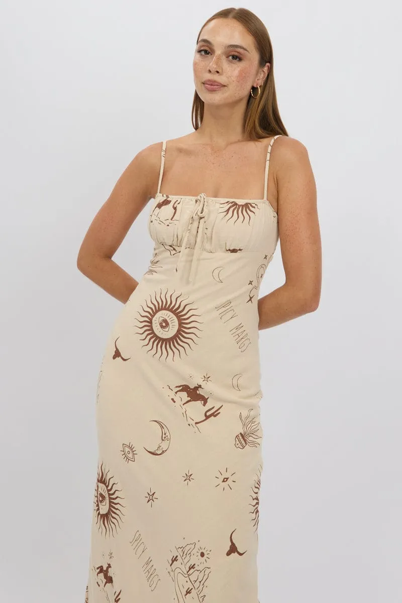 Beige Abstract Midi Dress Strappy