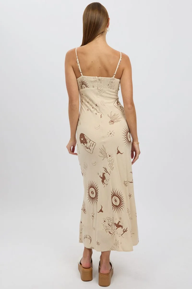 Beige Abstract Midi Dress Strappy