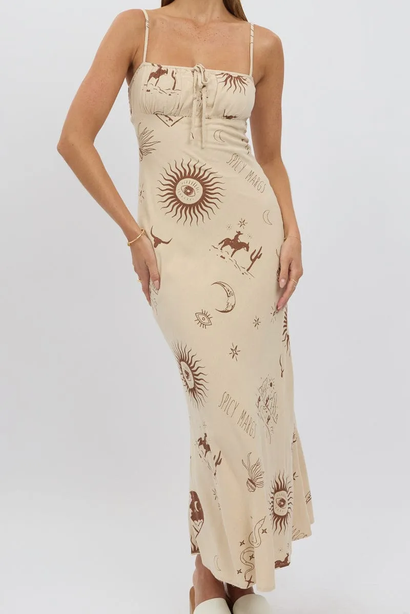 Beige Abstract Midi Dress Strappy