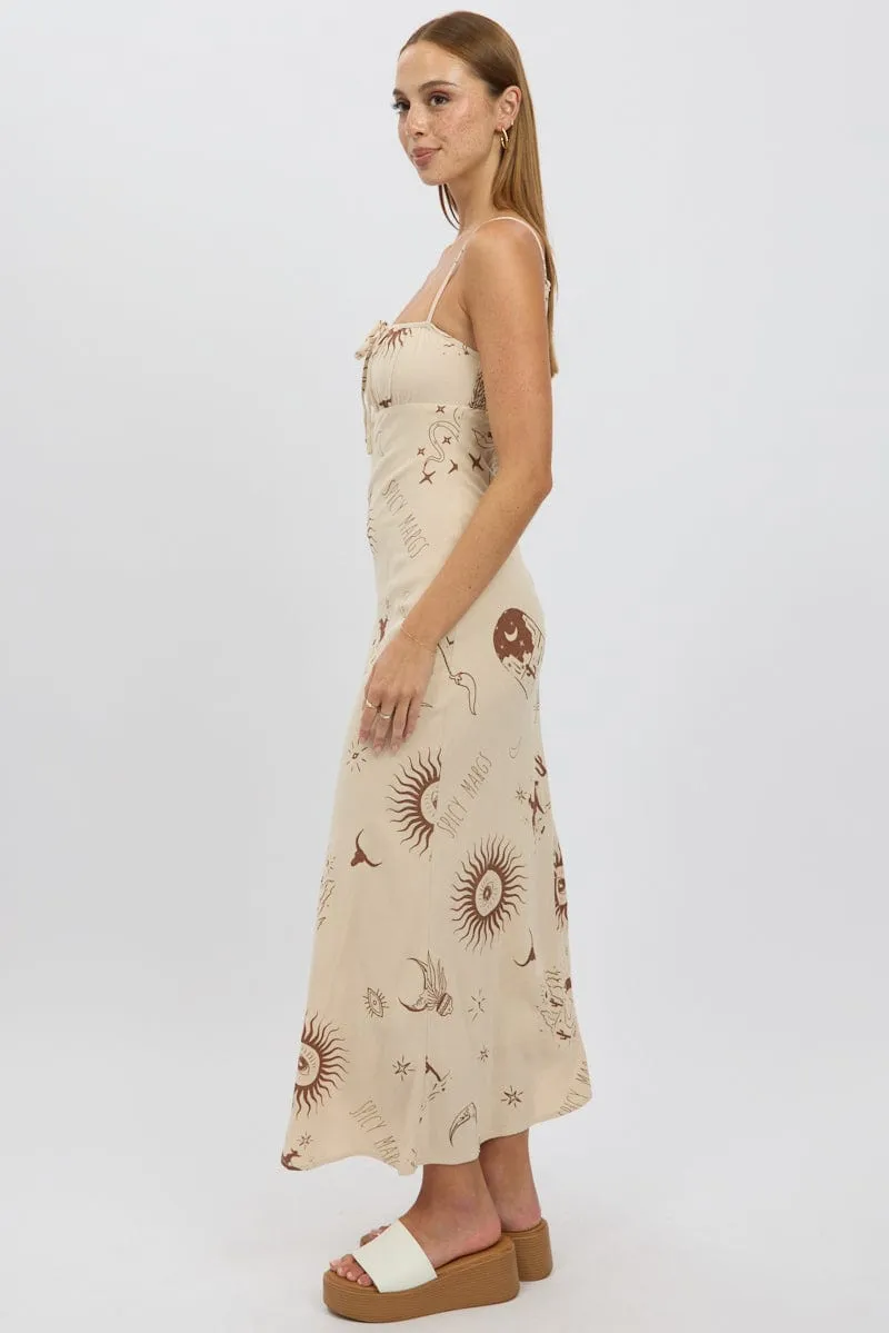 Beige Abstract Midi Dress Strappy