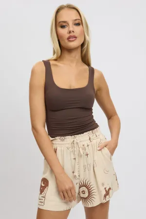 Beige Abstract Relaxed Shorts High Rise