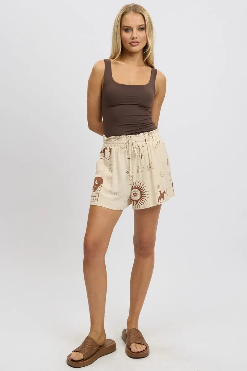 Beige Abstract Relaxed Shorts High Rise