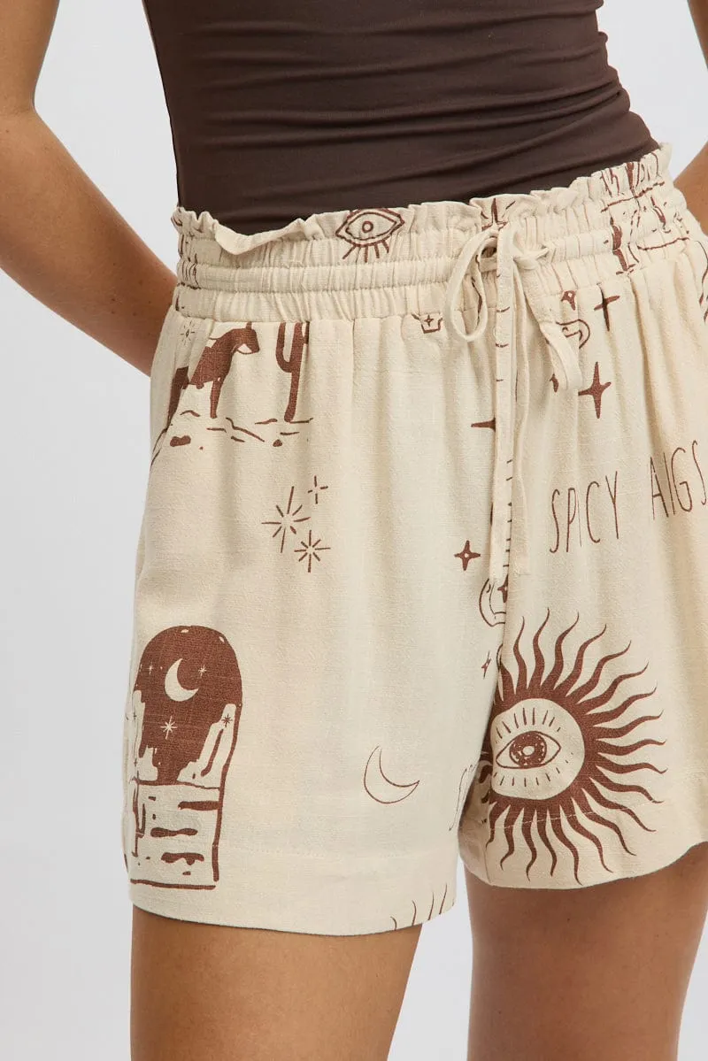 Beige Abstract Relaxed Shorts High Rise