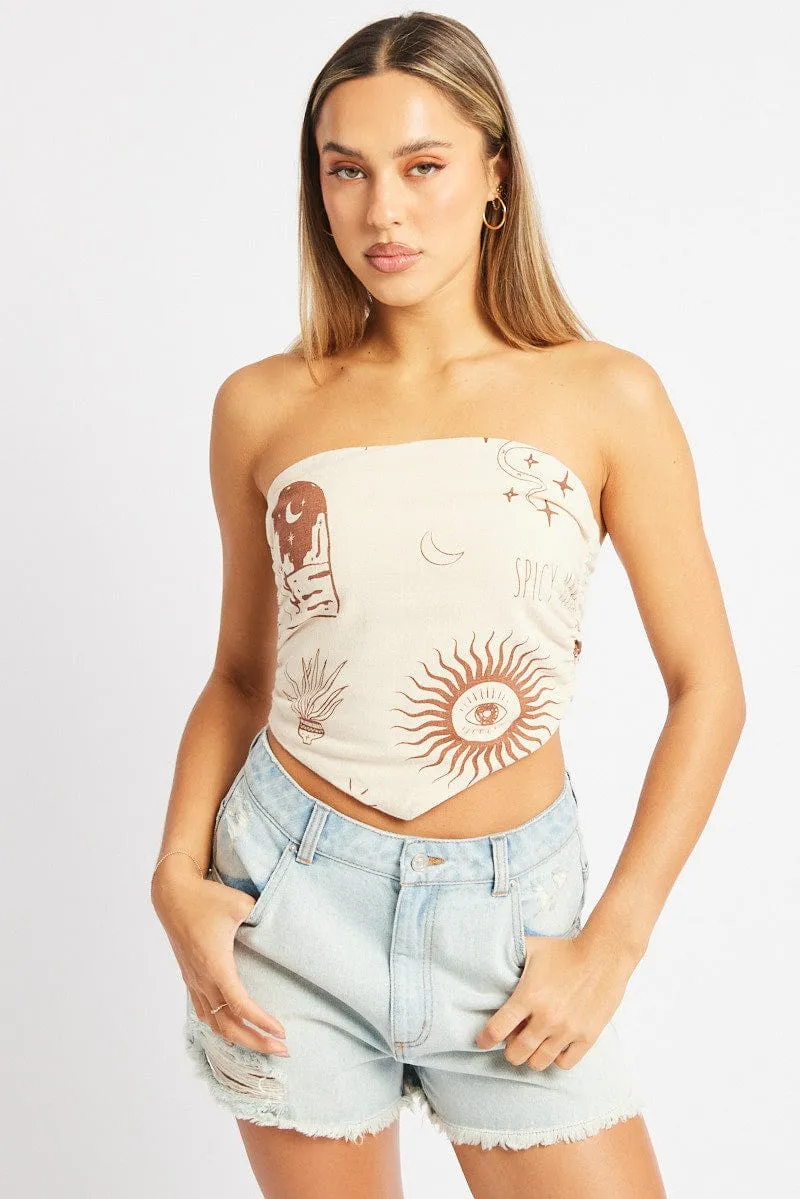 Beige Abstract Scarf Top Boob Tube Shirred Back