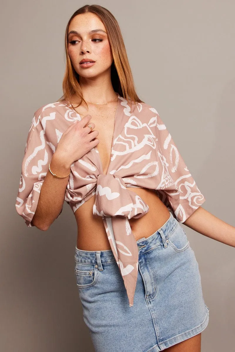 Beige Abstract Tie Up Bolero Short Sleeve