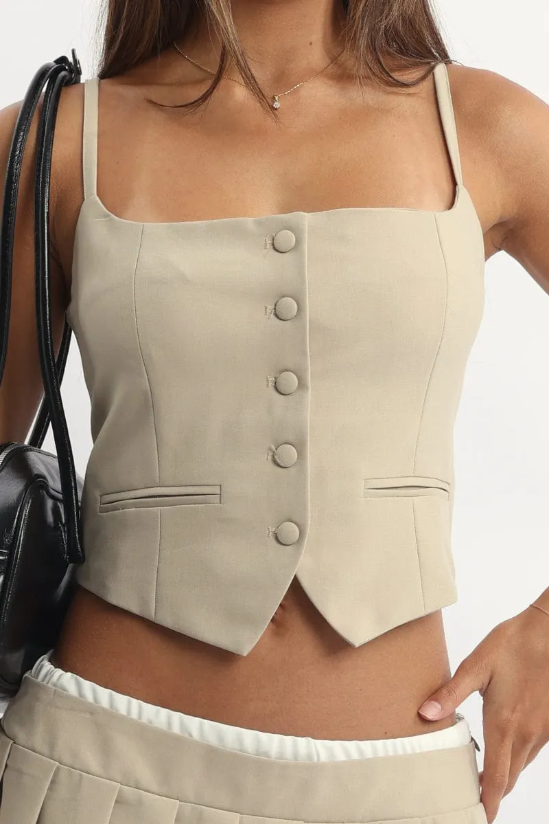 Beige Cami Vest Sleeveless Scoop Neck Tailored