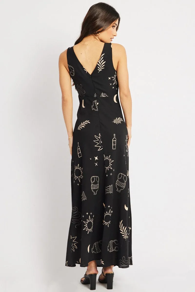Black Abstract Midi Dress V Neck Sleeveless