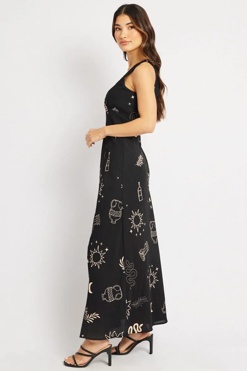 Black Abstract Midi Dress V Neck Sleeveless