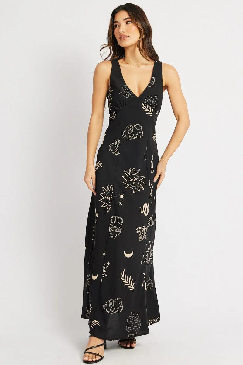Black Abstract Midi Dress V Neck Sleeveless