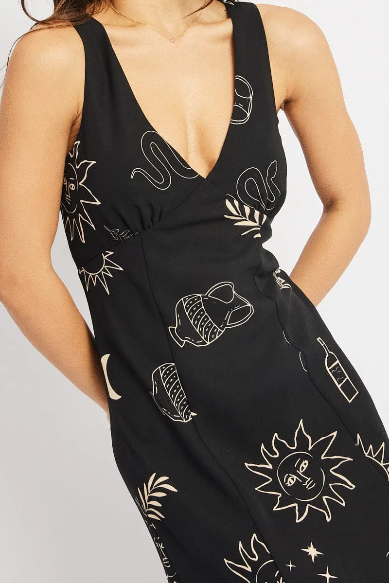 Black Abstract Midi Dress V Neck Sleeveless