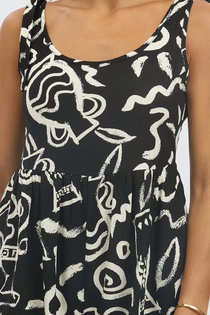 Black Abstract Playsuit Sleeveless Tie Shoulder Linen Blend