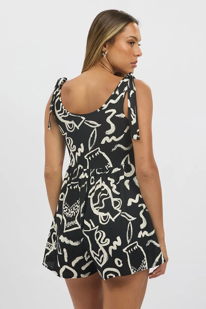 Black Abstract Playsuit Sleeveless Tie Shoulder Linen Blend
