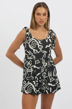 Black Abstract Playsuit Sleeveless Tie Shoulder Linen Blend