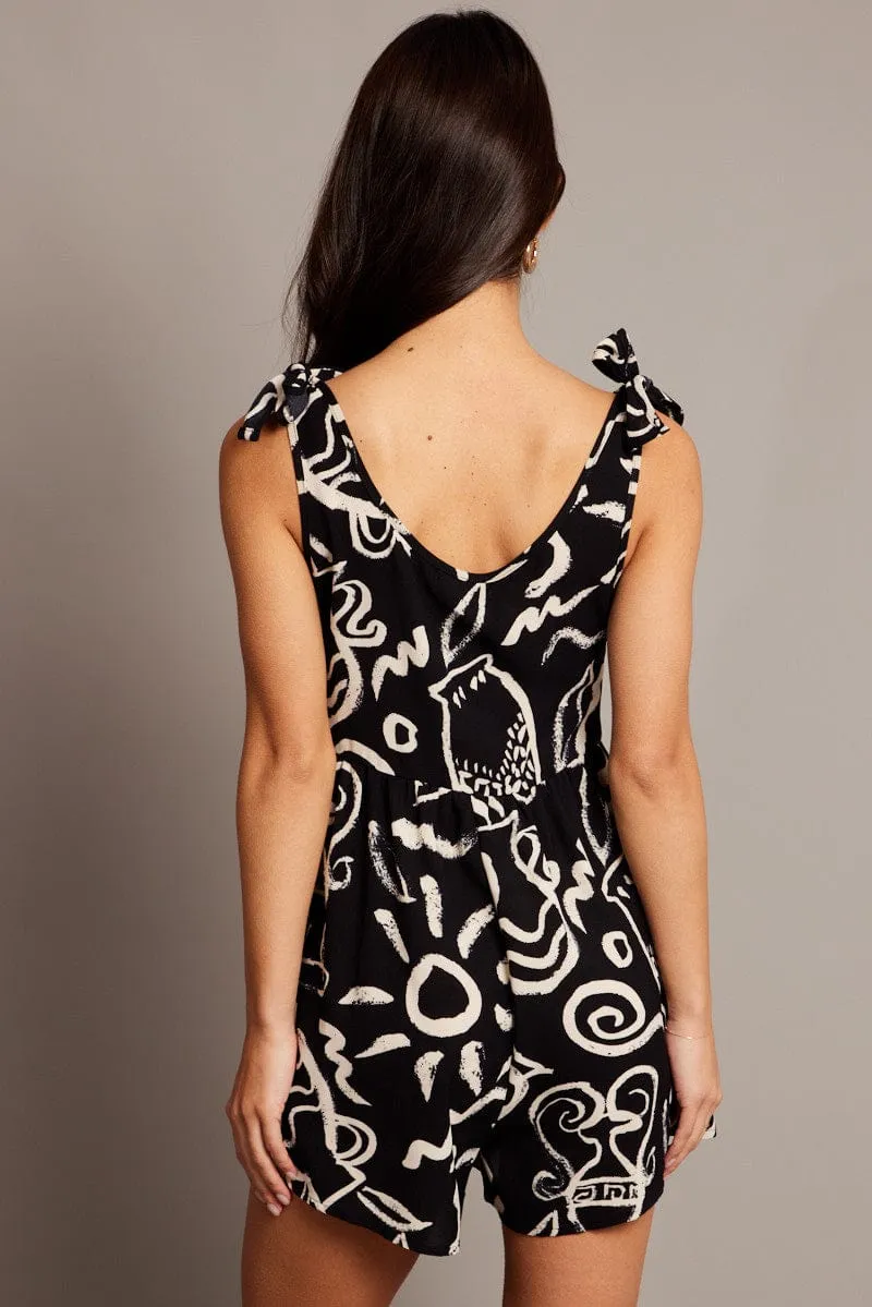 Black Abstract Playsuit Sleeveless Tie Shoulder