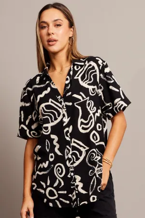 Black Abstract Relaxed Shirt Short Sleeve V-Neck
