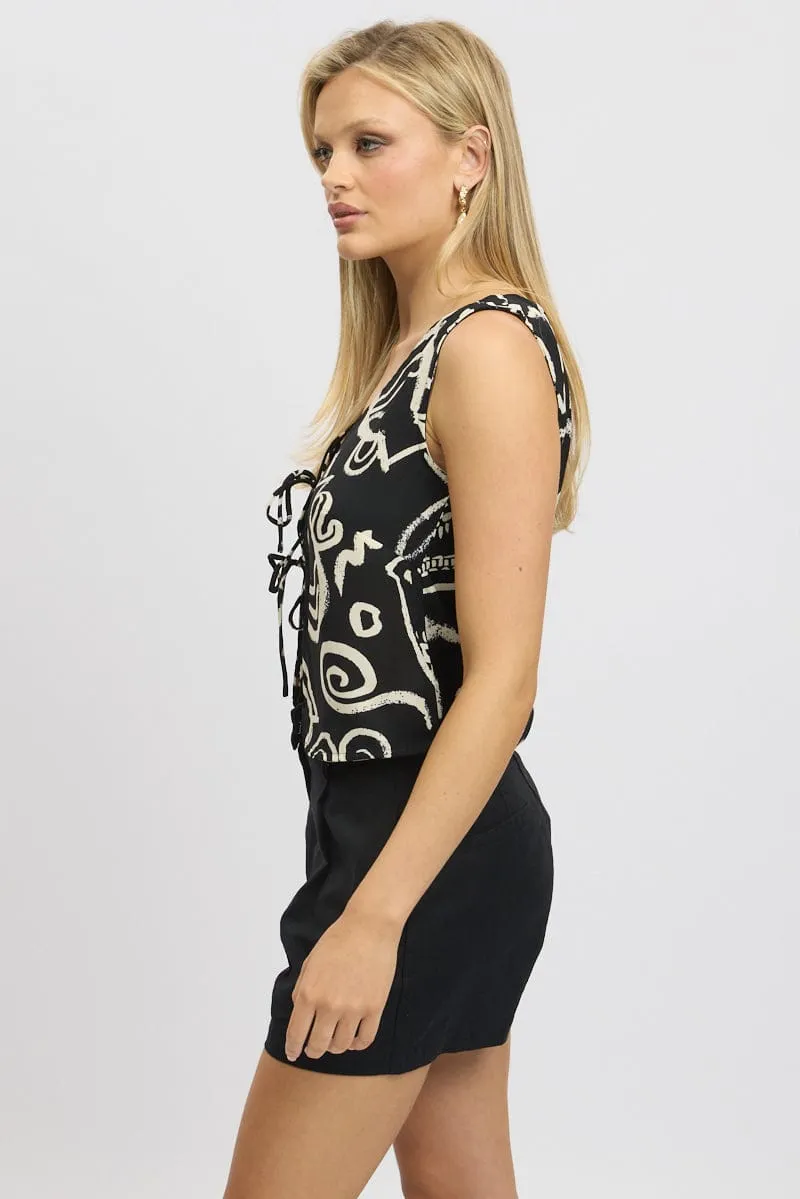 Black Abstract Tie Up Top Linen
