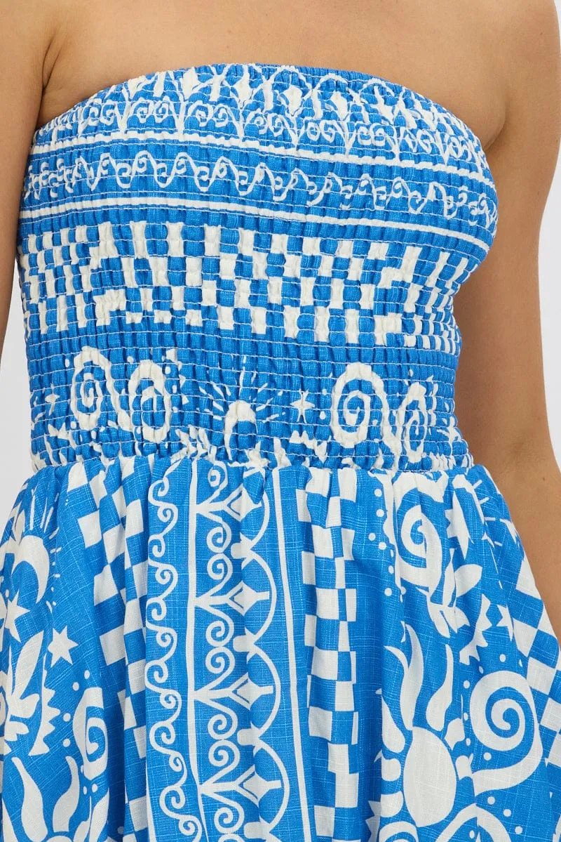 Blue Abstract Balloon Mini Dress Strapless