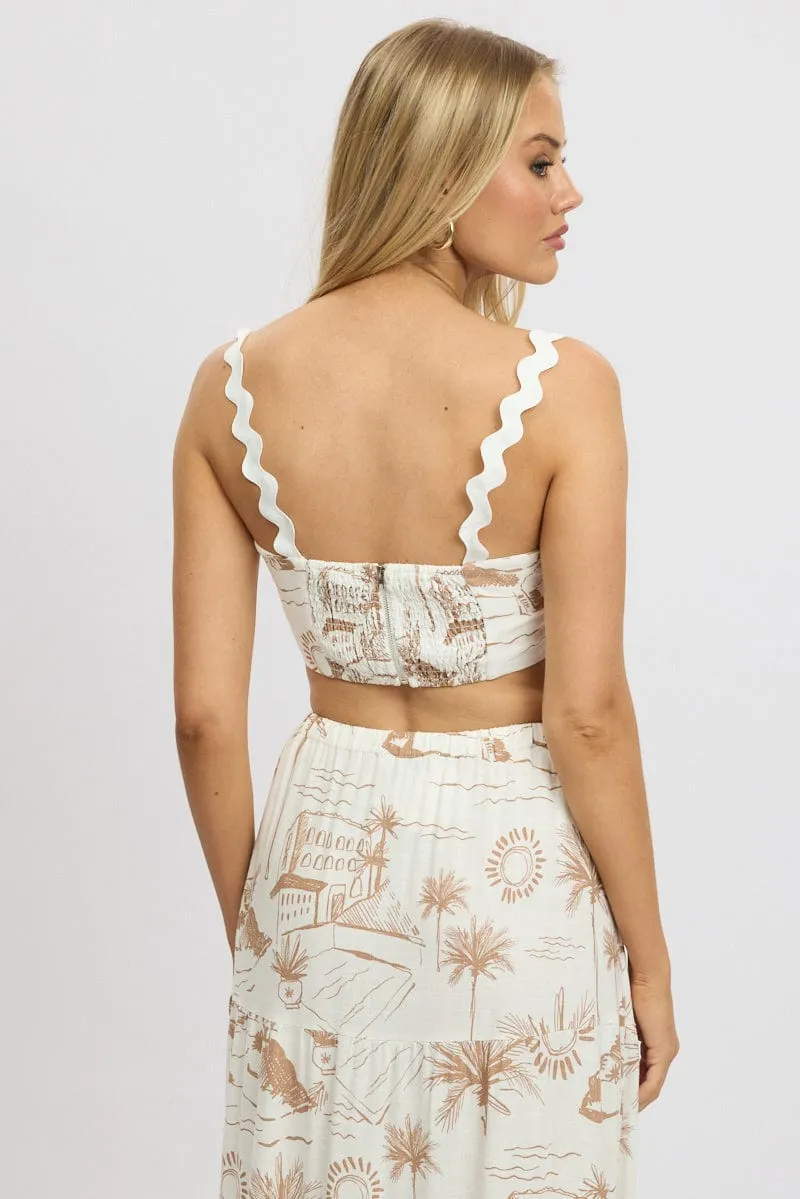 Brown Abstract Crop Top Sleeveless Ric Rac