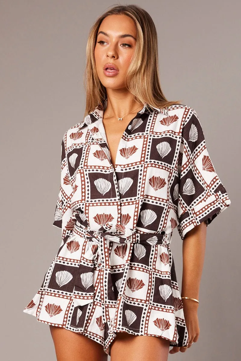 Brown Abstract Oversized Playsuit