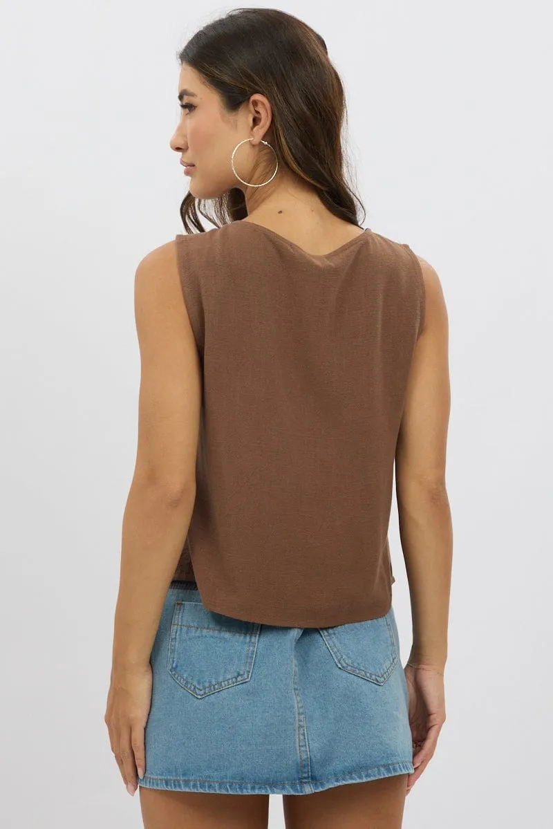 Brown Abstract Tie Up Top Linen