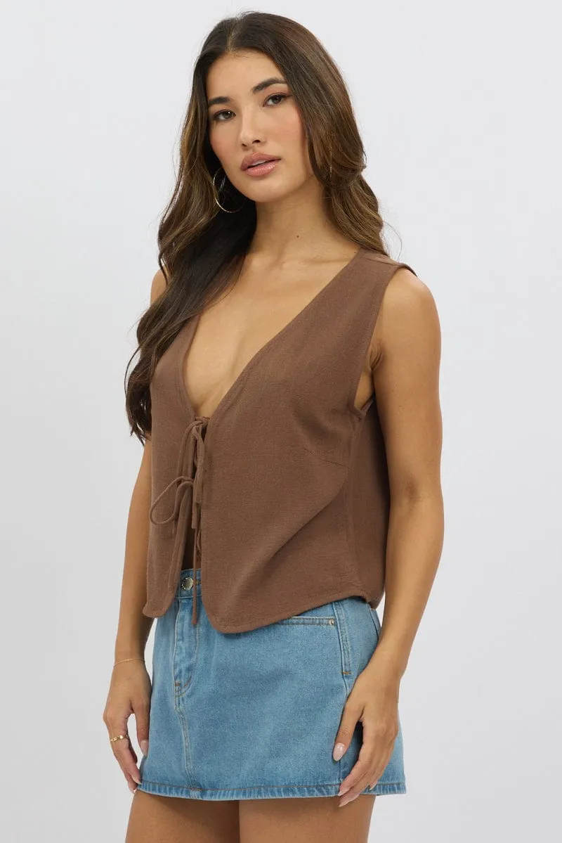 Brown Abstract Tie Up Top Linen