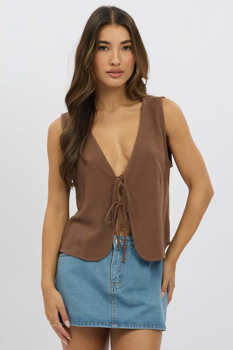 Brown Abstract Tie Up Top Linen