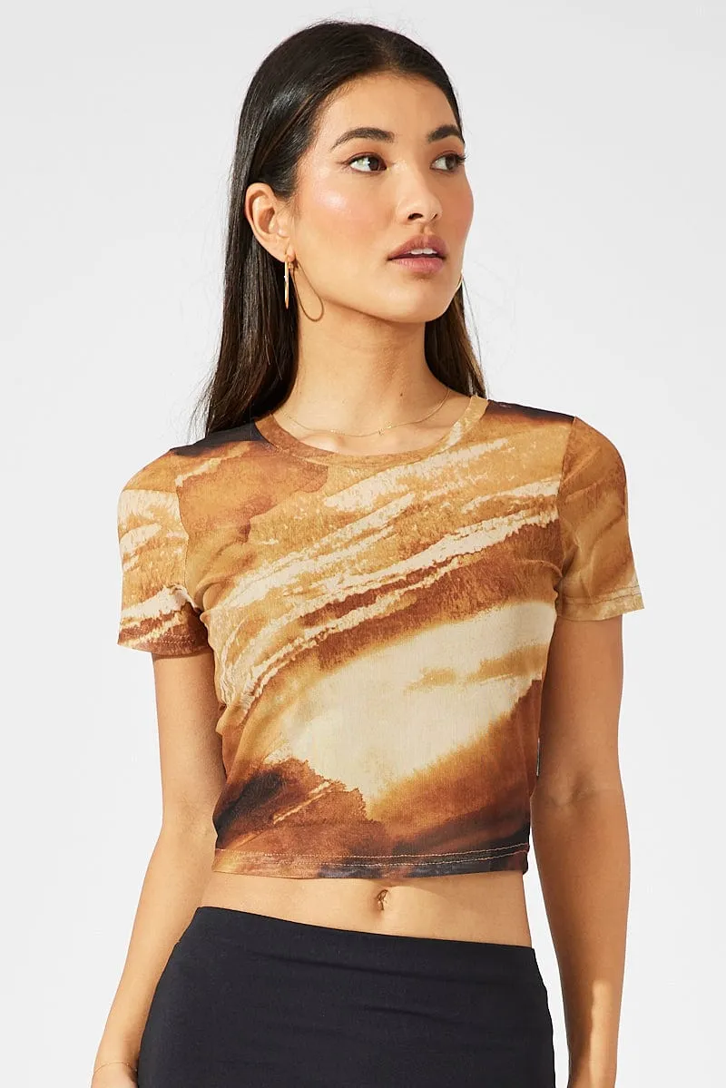 Brown Abstract Top Short Sleeve