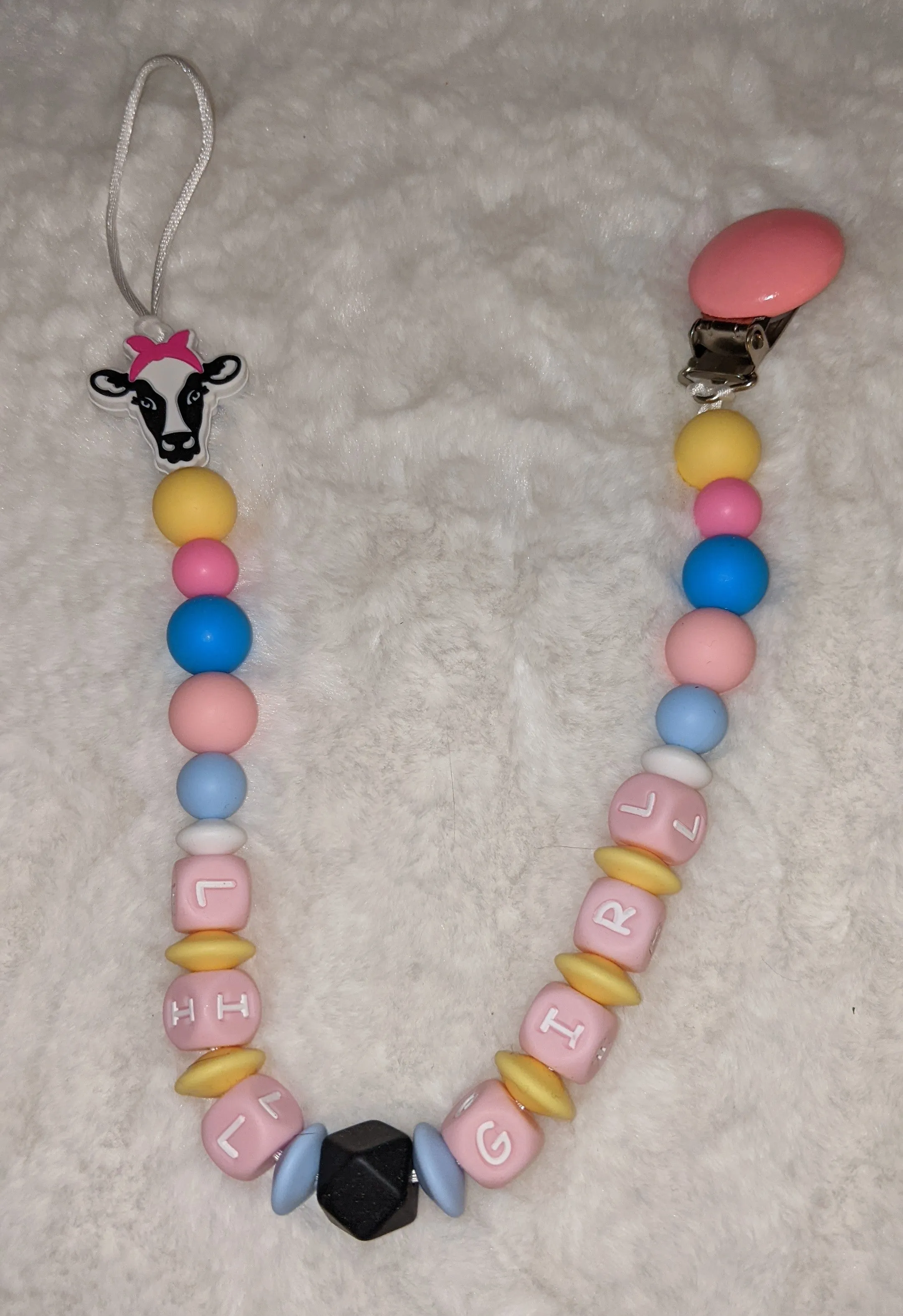 Cow Lil Girl Silicone Teether Pacifier Clip