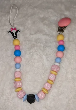 Cow Lil Girl Silicone Teether Pacifier Clip