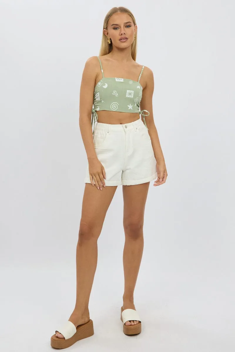 Green Abstract Crop Cami Top Side Ruched Linen Blend