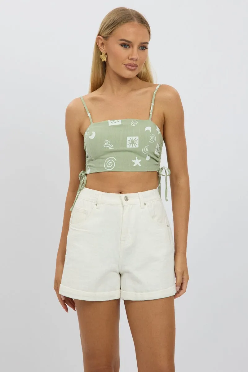 Green Abstract Crop Cami Top Side Ruched Linen Blend