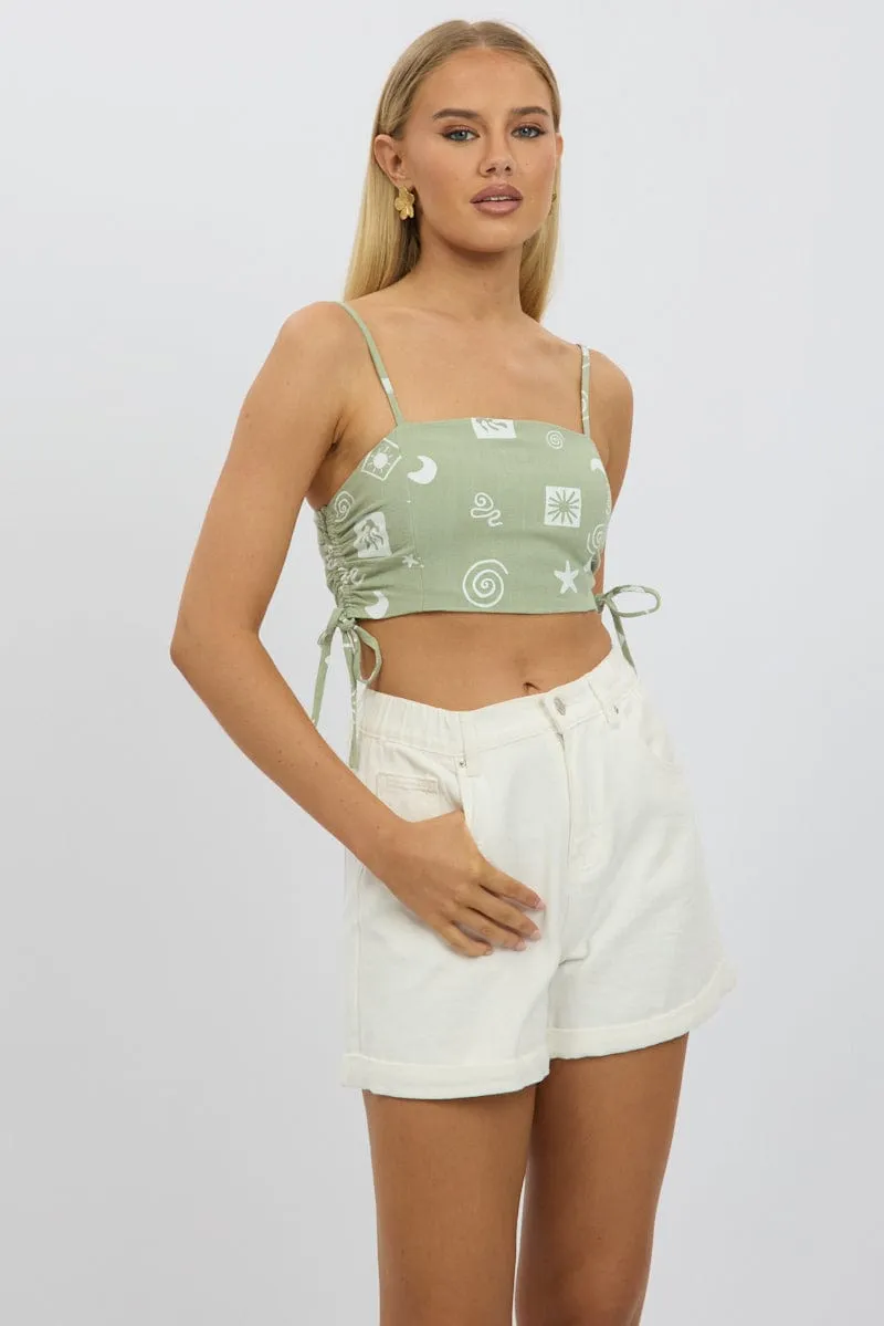 Green Abstract Crop Cami Top Side Ruched Linen Blend