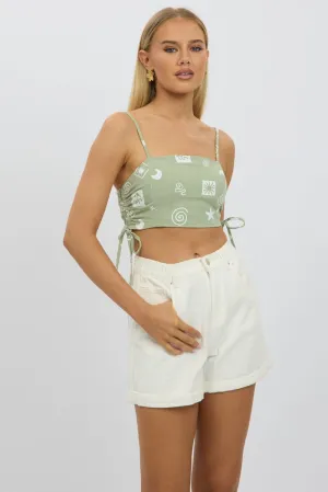 Green Abstract Crop Cami Top Side Ruched Linen Blend