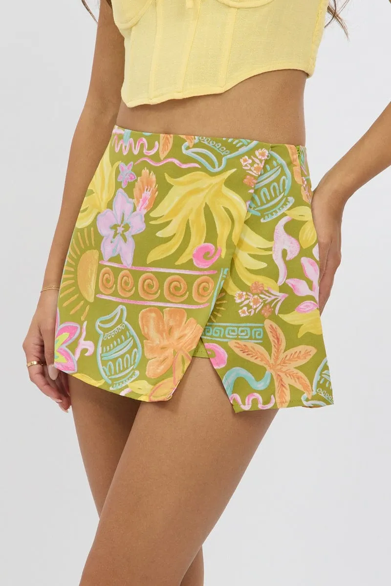 Green Abstract Mini Skort Skirt High Rise Lined