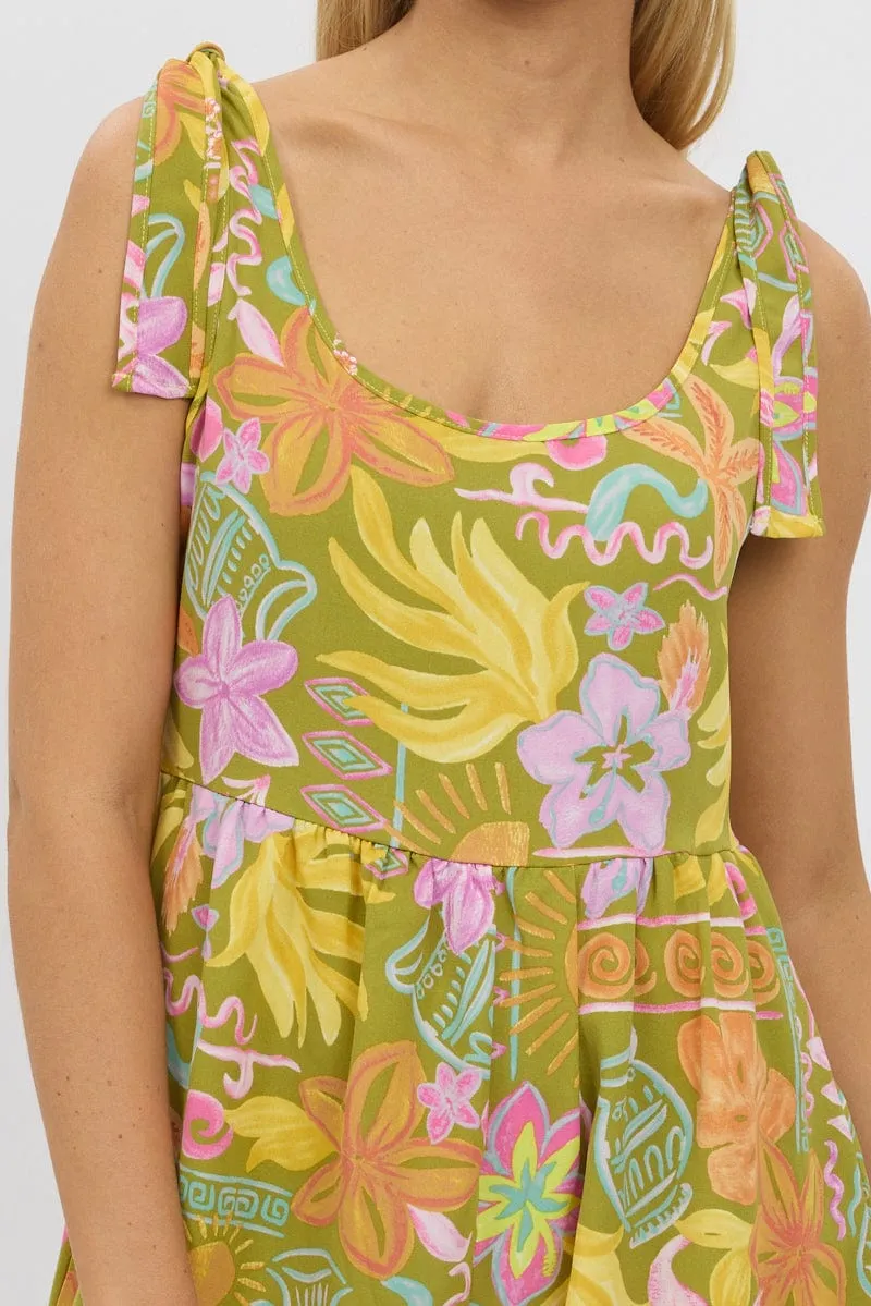 Green Abstract Playsuit Sleeveless Tie Shoulder