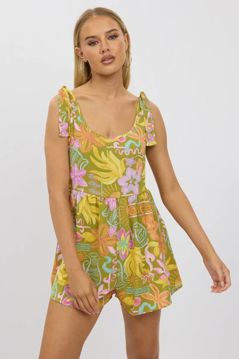 Green Abstract Playsuit Sleeveless Tie Shoulder