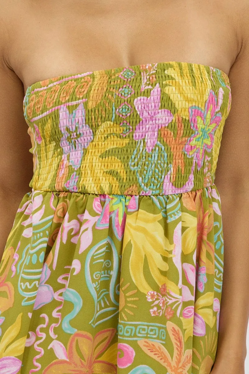Green Abstract Strapless Dress Mini Tie Back