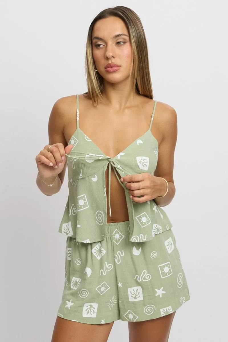 Green Abstract Tie Front Top Sleeveless