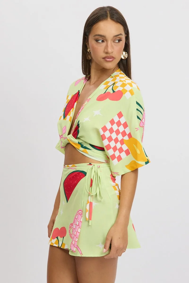 Green Abstract Tie Up Bolero Short Sleeve