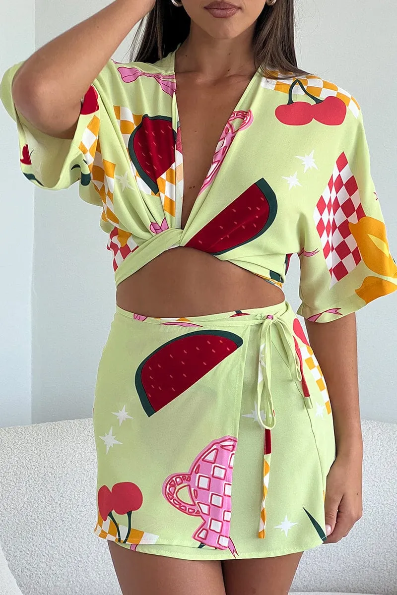 Green Abstract Tie Up Bolero Short Sleeve