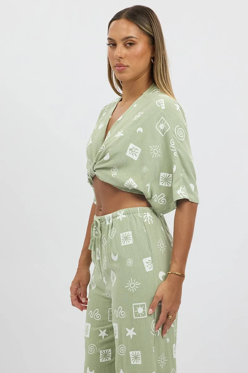 Green Abstract Tie Up Bolero Short Sleeve
