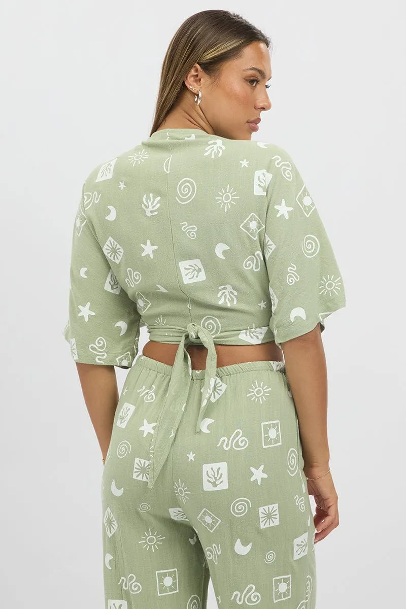 Green Abstract Tie Up Bolero Short Sleeve