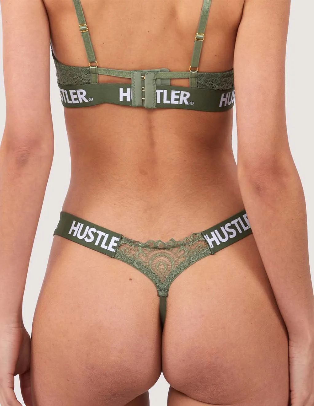 HUSTLER® Logo Lace Thong Olive