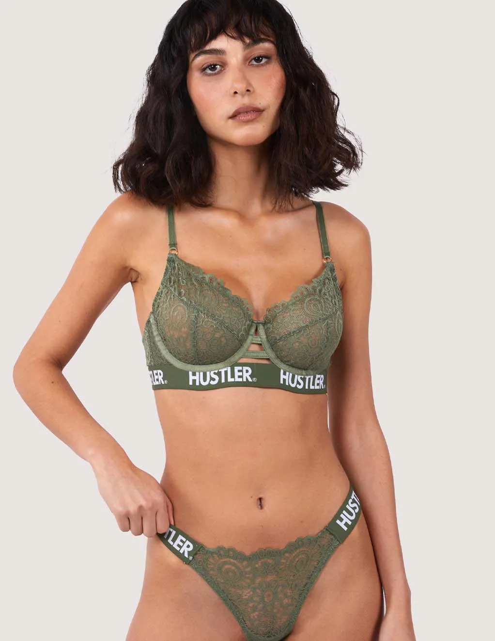 HUSTLER® Logo Lace Thong Olive