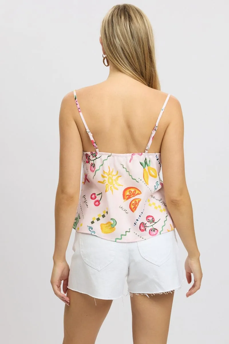 Pink Abstract Cami Top Sleeveless Cowl Neck