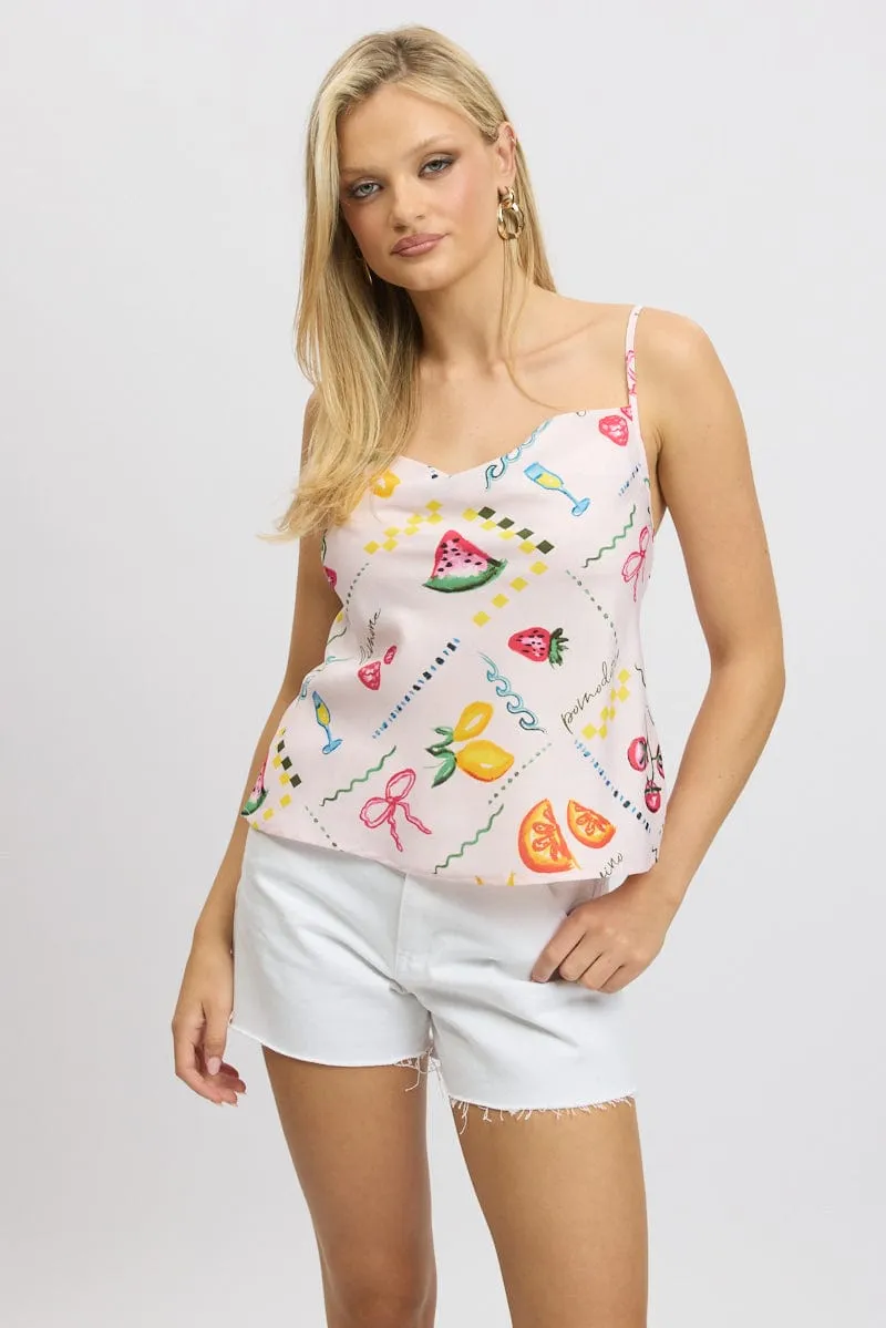 Pink Abstract Cami Top Sleeveless Cowl Neck