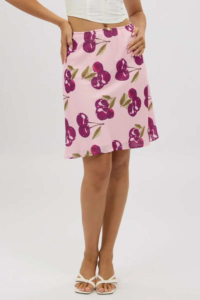 Pink Abstract Picot Trim Midi Skirt Chiffon Lined