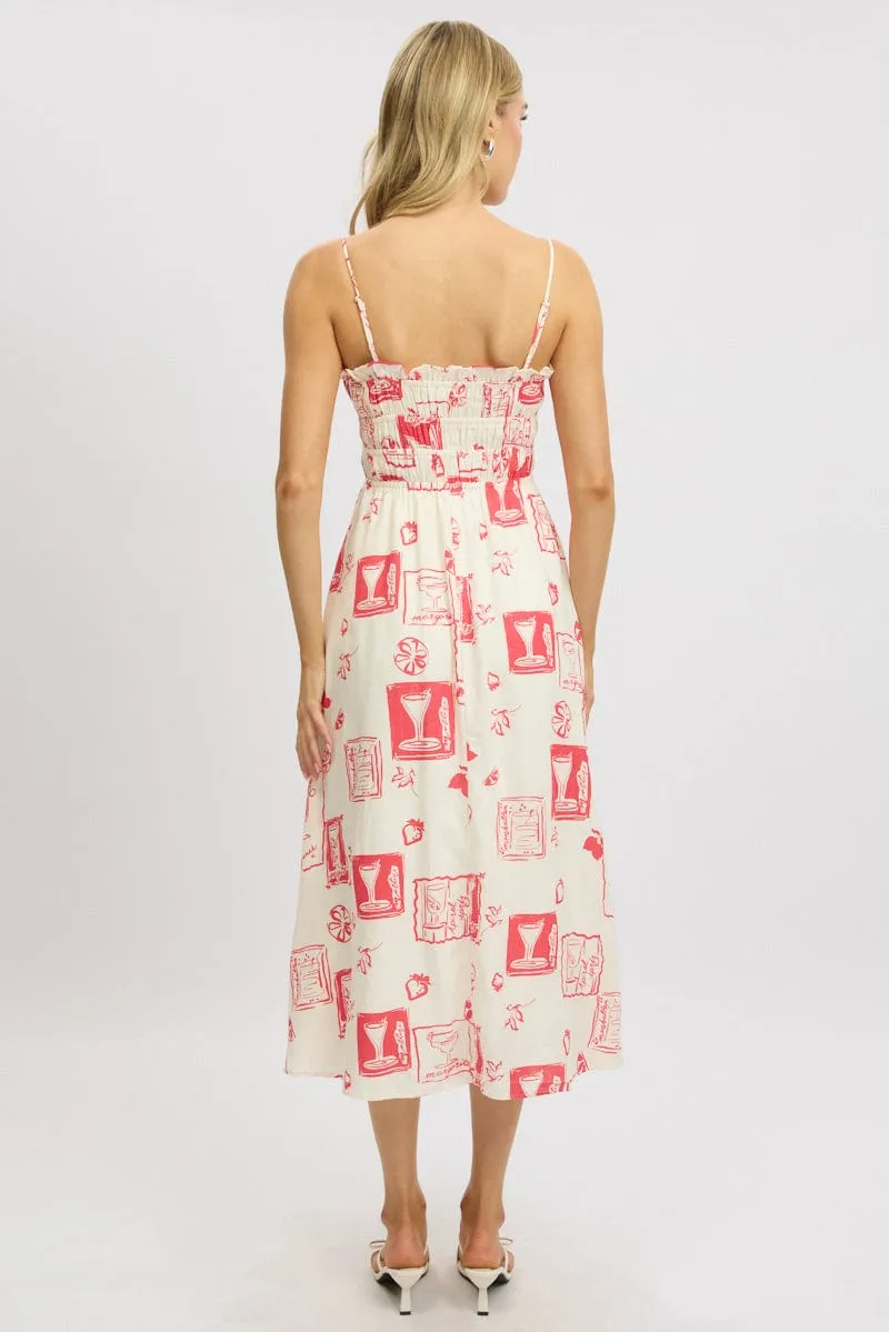 Red Abstract Midi Dress Ribbon Detail Strappy