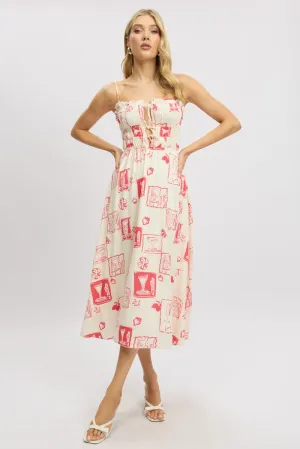 Red Abstract Midi Dress Ribbon Detail Strappy