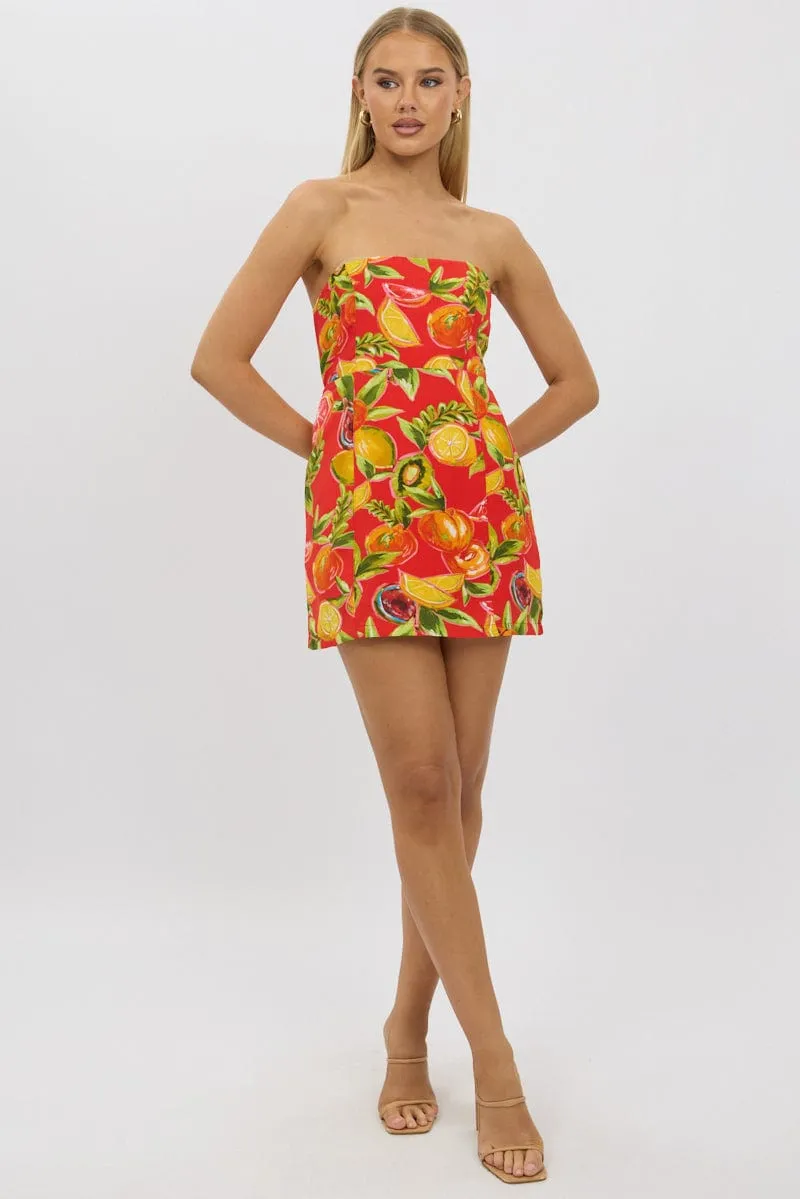Red Abstract Strapless Mini Dress
